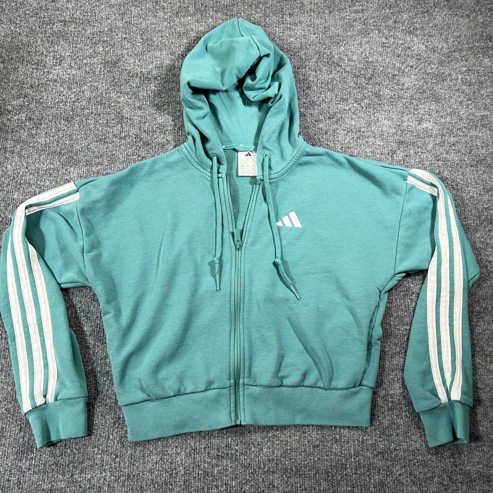 Adidas Womens Teal Green 3 Stripe Full Zip Cropped Hoodie Sweatshirt XS